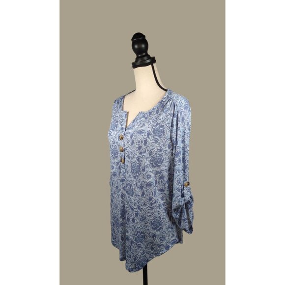 Como Vintage Blue Floral Print Blouse with 3/4 Roll-tab Sleeves Size XL NWT - Picture 3 of 11